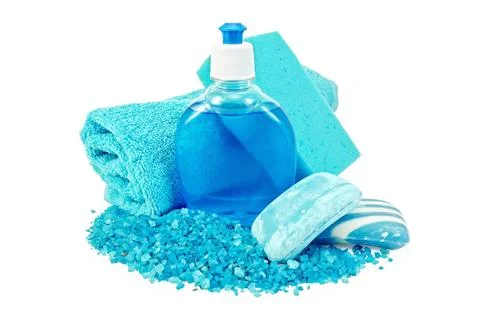 Soap blue different with sponge and bath salts Blue liquid soap in a bottl... Stock Photos