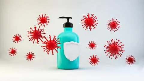 Soap bottle and virus cell 3d Illustration. Hygiene concept. The virus cells Stock Illustration