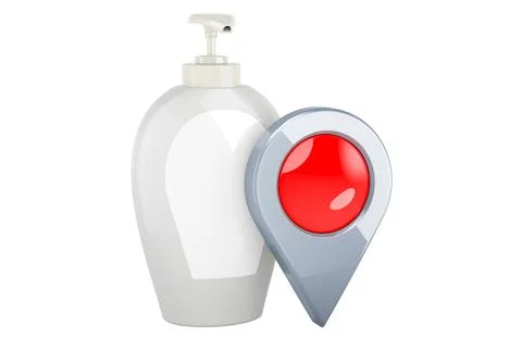 Soap bottle dispenser with map pointer, 3D rendering Illustrazione stock