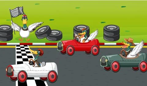 Soap box derby race with ducks cartoon character Stock Illustration