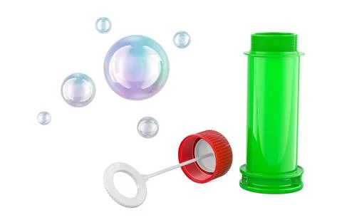 Soap Bubble Bottle with bubble wand and soap bubbles, 3D rendering Illustrazione stock