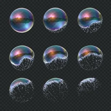 Soap bubble explode. Realistic water sphere explosion, transparent blue Stock Illustration