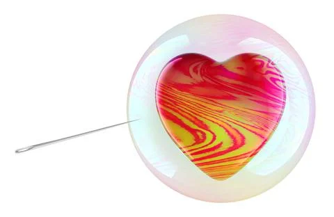 Soap bubble with heart inside and needle. False love, concept. 3D rendering Stock Illustration