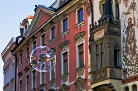 Soap bubble on the Old Town Square in Prague Stock Photos