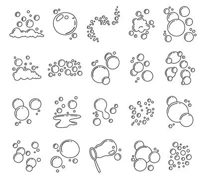 Soap bubble set in outline line art Stock Illustration