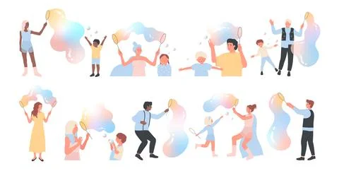 Soap bubble show set, isolated kids and adults play and blow giant balloons, big Illustration