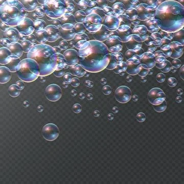 Soap bubble on transparent background. Realistic colorful 3D bubbles, rainbow Stock Illustration