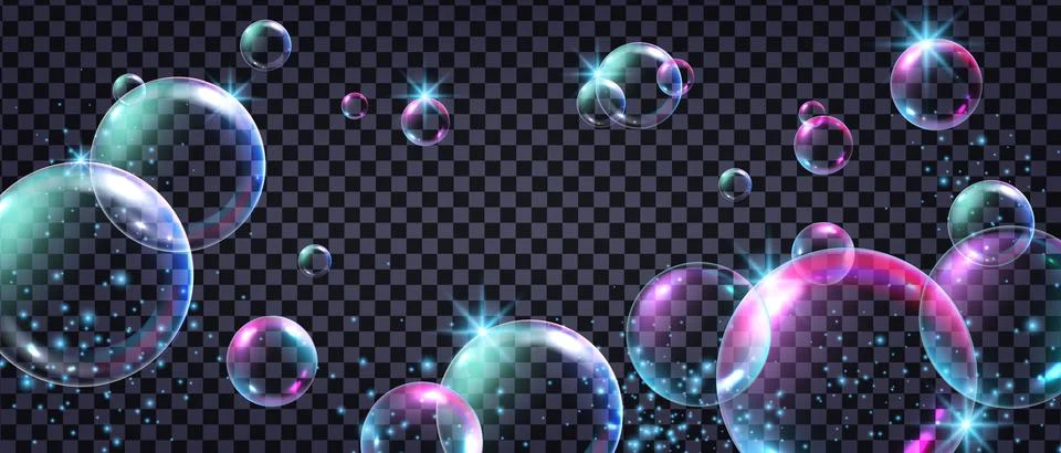 Soap bubble vector transparent background, 3D rainbow foam suds ball Stock Illustration