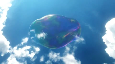 Soap bubble wobwling towards the clear blue sky with clouds. 3D rendering Video stock 193415360