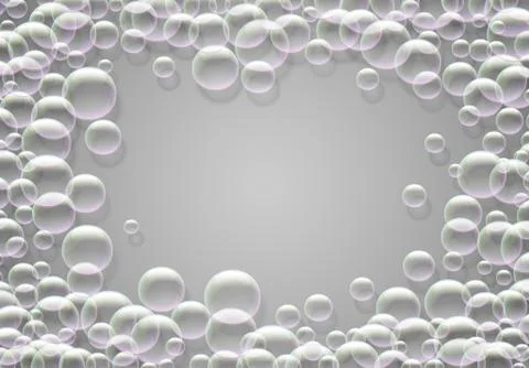 Soap bubbles abstract background with rainbow colored airy foam round frame Stock Illustration