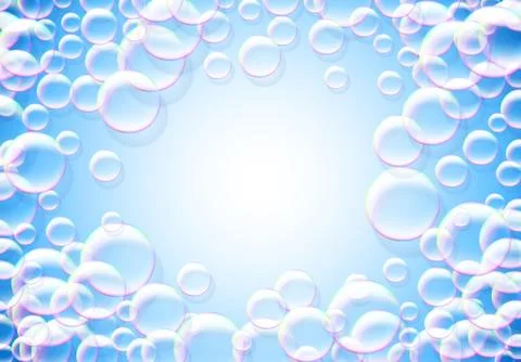 Soap bubbles abstract blue background with rainbow colored airy foam round .. Stock Illustration