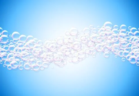 Soap bubbles abstract blue background with rainbow colored airy foam Stock Illustration