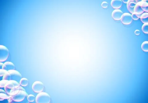 Soap bubbles abstract blue background with rainbow colored airy foam Stock Illustration