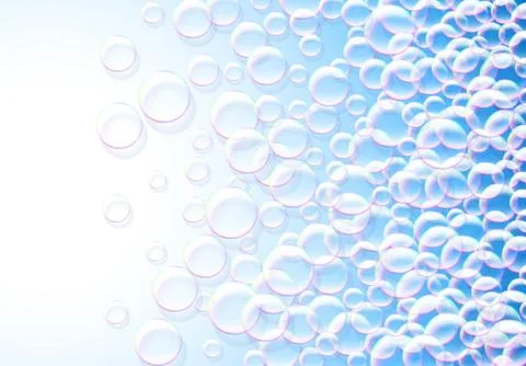 Soap bubbles abstract blue background with rainbow colored airy foam Stock Illustration