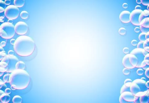 Soap bubbles abstract blue background with rainbow colored airy foam Stock Illustration