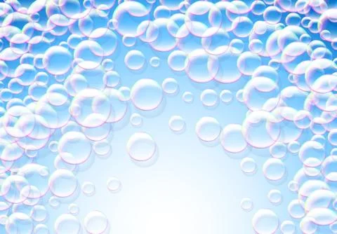 Soap bubbles abstract blue background with rainbow colored airy foam Stock Illustration