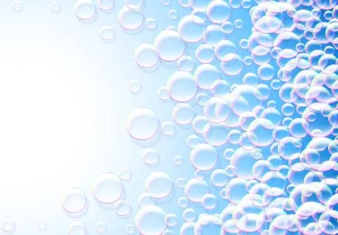 Soap bubbles abstract blue background with rainbow colored airy foam Stock Illustration