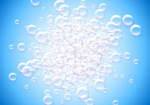 Soap bubbles abstract blue background with rainbow colored airy foam explosio Stock Illustration