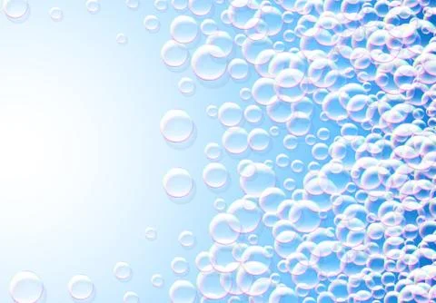 Soap bubbles abstract blue background with rainbow colored airy foam Stock Illustration