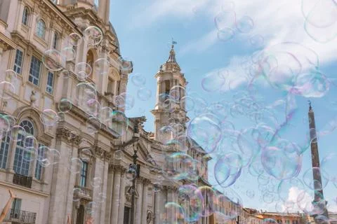 Soap bubbles are flying over Navona Square. Rome. Stock Photos