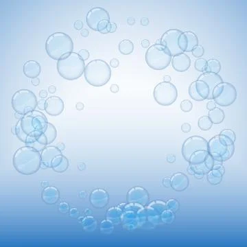 Soap bubbles on blue background round frame Stock Illustration