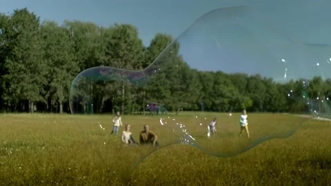 Soap bubbles on the field with children and happy parents Stock Footage 217524188