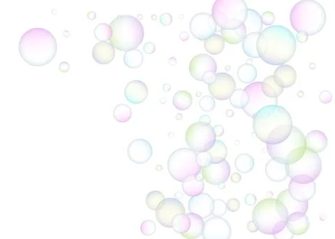 Soap bubbles flew randomly on a white background. Vector Illustrazione stock
