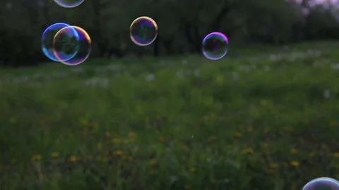 Soap bubbles fly against the background of a dandelion field Stockbeeldmateriaal 76246428