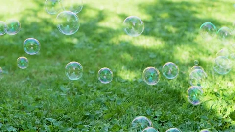 Soap bubbles fly and explode over the lawn Stock Footage 116085485