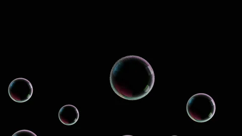 Soap bubbles fly in empty screen from below fly up and burst on the middl of Stock Footage 90565197