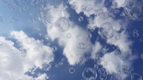 Soap bubbles fly straight up into the sky around the camera Stock Footage 246782843