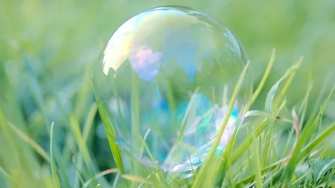 Soap bubbles fly, touch grass, burst and break with colorful spray on a sunny da Stock Footage 117429687