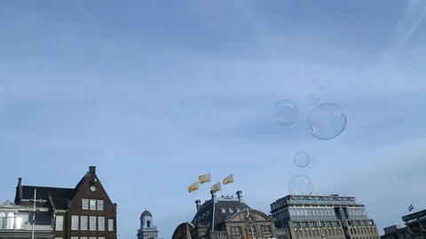 Soap Bubbles Flying In Dam Square, Amsterdam Stock Footage 96850742