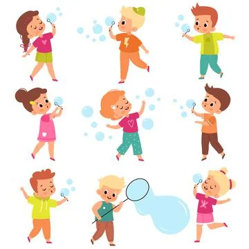Soap bubbles show. Kids blow foam bubble, happy little girls and boys play Stock Illustration