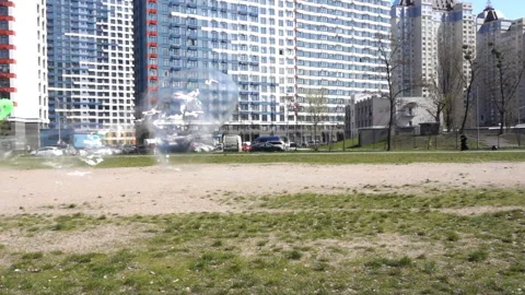 Soap bubbles in slow motion in city Stock Footage 152964866