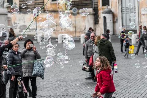 Soap bubbles in the street 스톡 사진