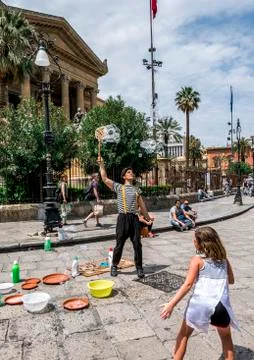 Soap bubbles on the street 스톡 사진