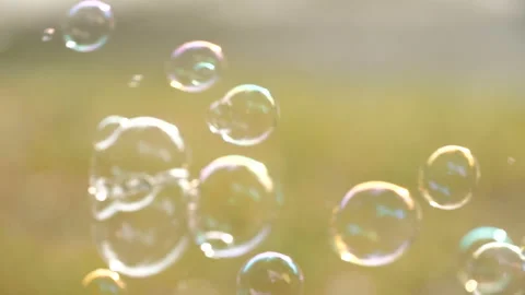 Soap bubbles in sunset light. Happy family blowing soap bubbles in park. Stock Footage 99490394