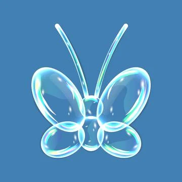 Soap bubbles, water drops in the form of , butterfly with shadows on blue Stock Illustration