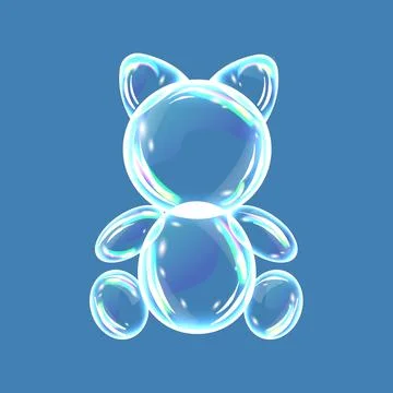 Soap bubbles, water drops in kitten shape with shadows on blue background Stock Illustration
