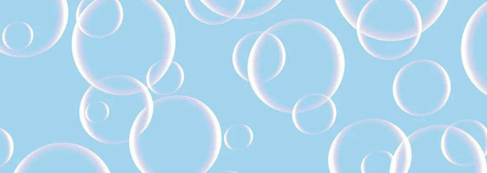 Soap bubbles on wide background in blue pastel colors. Realistic 3d transparent Stock Illustration