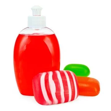 Soap different Red liquid soap in a bottle, solid red, green and striped s... 写真素材