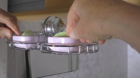 Soap dish onto a mirror suction holder of a caravan / motorhome. Stock Footage 119592037