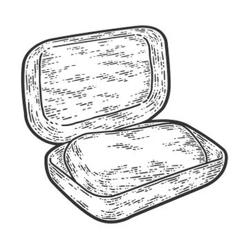 Soap dish with soap. Sketch scratch board imitation. Black and white. Stock Illustration