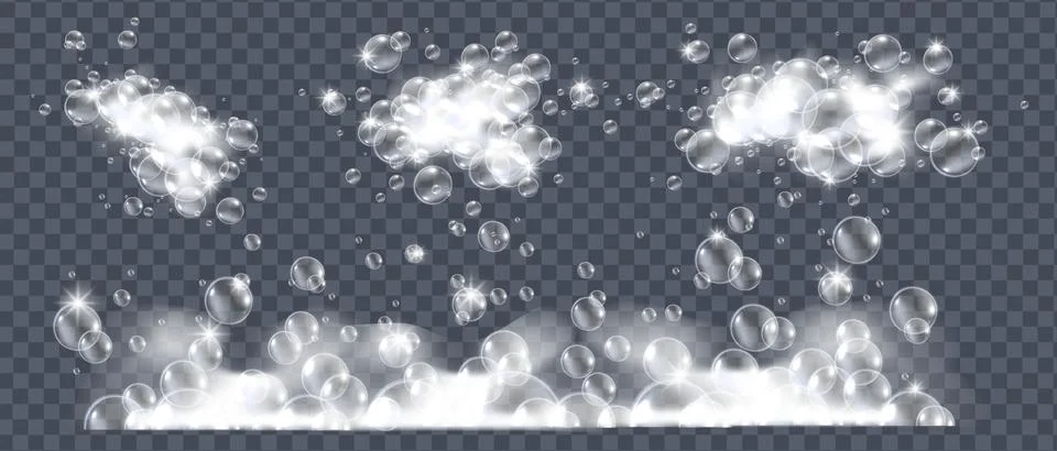 Soap foam bubbles, 3D vector isolated white bath cloud set, shampoo suds Illustrazione stock