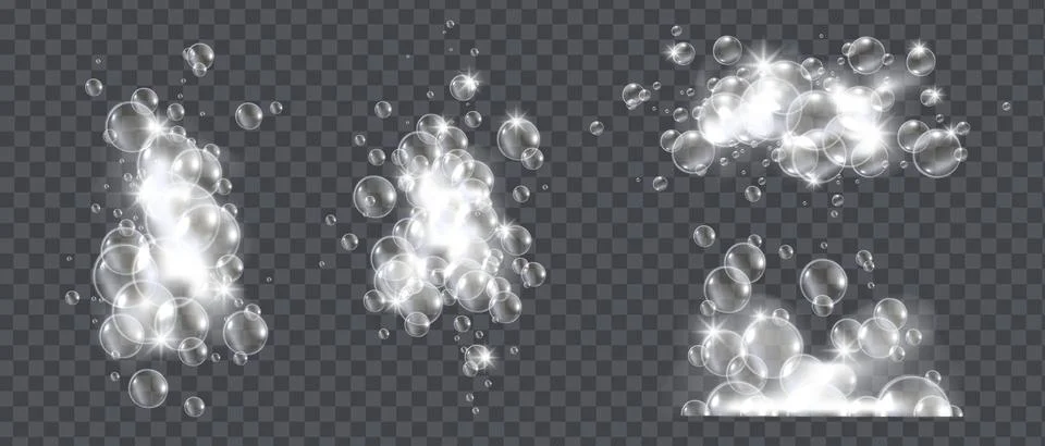 Soap foam bubbles, vector isolated shampoo suds, 3D white bath cloud set Illustrazione stock