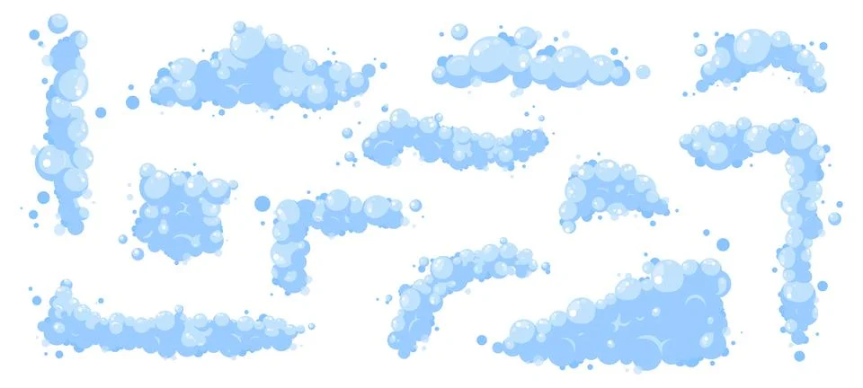 Soap foam cartoon elements. Clouds bubbles of shampoo or wash gel. Different イラスト素材