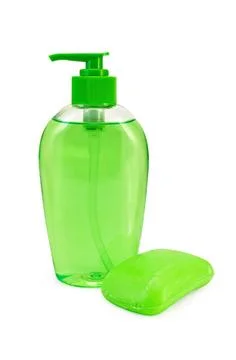 Soap green liquid and solid Green liquid soap in a bottle, a green piece o... 스톡 사진