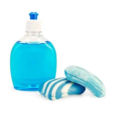 Soap liquid and solid blue Blue liquid soap in a bottle, two pieces of blu... Stock Photos