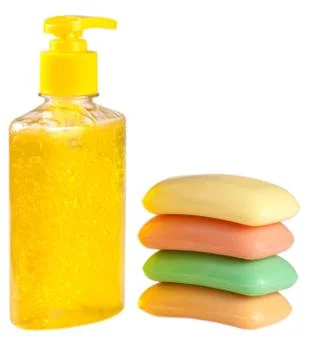 Soap liquid and solid isolated on white background Stock Photos